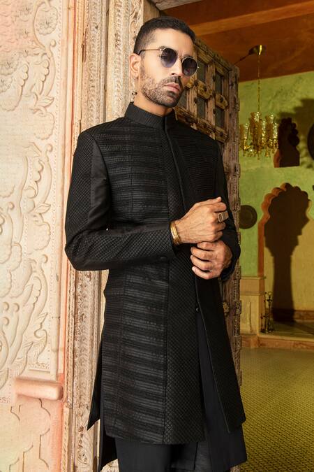 Abkasa Black Dupion-raw Silk Blend Textured Pintucks Sable Bandhgala Set Online at Aza Fashions Abkasa_Black Dupion-raw Silk Blend Textured Pintucks Sable Bandhgala Set _Online_at_Aza_Fashions