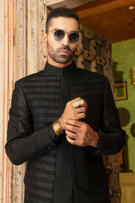 Buy Abkasa Black Dupion-raw Silk Blend Textured Pintucks Sable Bandhgala Set Online at Aza Fashions Buy_Abkasa_Black Dupion-raw Silk Blend Textured Pintucks Sable Bandhgala Set _Online_at_Aza_Fashions