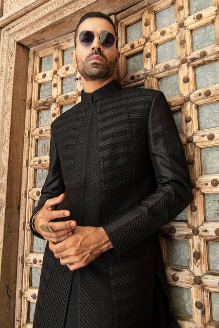 Shop Abkasa Black Dupion-raw Silk Blend Textured Pintucks Sable Bandhgala Set Online at Aza Fashions Shop_Abkasa_Black Dupion-raw Silk Blend Textured Pintucks Sable Bandhgala Set _Online_at_Aza_Fashions