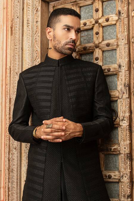 Abkasa Black Dupion-raw Silk Blend Textured Pintucks Sable Bandhgala Set at Aza Fashions Abkasa_Black Dupion-raw Silk Blend Textured Pintucks Sable Bandhgala Set _at_Aza_Fashions