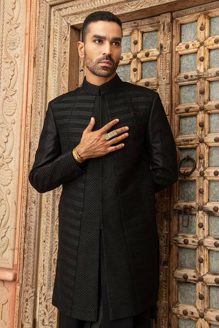 Buy Abkasa Black Dupion-raw Silk Blend Textured Pintucks Sable Bandhgala Set Buy_Abkasa_Black Dupion-raw Silk Blend Textured Pintucks Sable Bandhgala Set