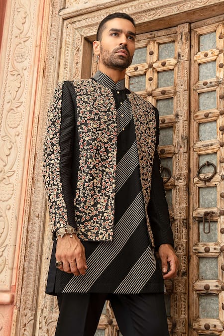 Shop Abkasa Black Dupion-raw Silk Blend Textured Twilight Floral Embroidered Bandhgala Set at Aza Fashions Shop_Abkasa_Black Dupion-raw Silk Blend Textured Twilight Floral Embroidered Bandhgala Set _at_Aza_Fashions