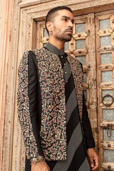 Abkasa Black Dupion-raw Silk Blend Textured Twilight Floral Embroidered Bandhgala Set Online at Aza Fashions Abkasa_Black Dupion-raw Silk Blend Textured Twilight Floral Embroidered Bandhgala Set _Online_at_Aza_Fashions