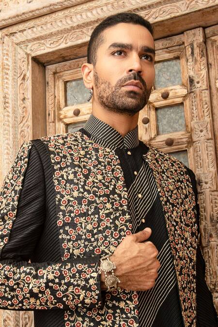 Buy Abkasa Black Dupion-raw Silk Blend Textured Twilight Floral Embroidered Bandhgala Set Online at Aza Fashions Buy_Abkasa_Black Dupion-raw Silk Blend Textured Twilight Floral Embroidered Bandhgala Set _Online_at_Aza_Fashions