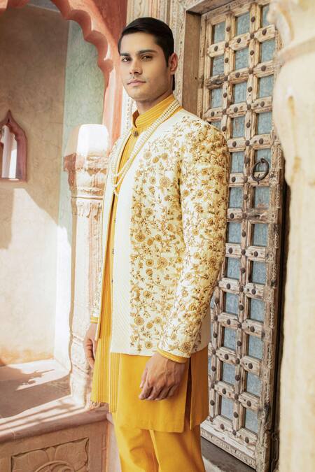 Buy Abkasa Yellow Dupion-raw Silk Blend Textured Sunbeam Floral Embroidered Bandhgala Set Buy_Abkasa_Yellow Dupion-raw Silk Blend Textured Sunbeam Floral Embroidered Bandhgala Set