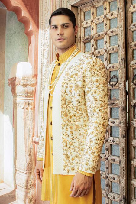 Shop Abkasa Yellow Dupion-raw Silk Blend Textured Sunbeam Floral Embroidered Bandhgala Set Shop_Abkasa_Yellow Dupion-raw Silk Blend Textured Sunbeam Floral Embroidered Bandhgala Set