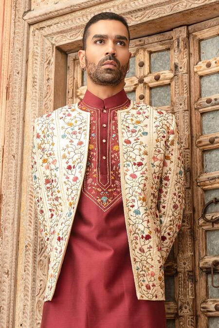 Buy Abkasa Maroon Dupion-raw Silk Blend Embroidered Floral Spectre Bandhgala Set Online at Aza Fashions Buy_Abkasa_Maroon Dupion-raw Silk Blend Embroidered Floral Spectre Bandhgala Set _Online_at_Aza_Fashions