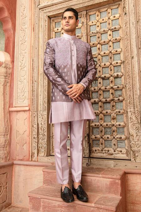 Buy_Abkasa_Purple Dupion-raw Silk Blend Embroidered Floral Jaal Lavola Bandhgala Set _Online_at_Aza_Fashions