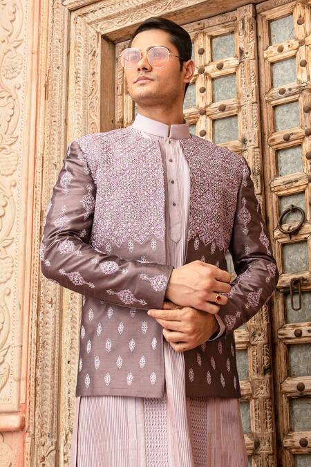 Shop_Abkasa_Purple Dupion-raw Silk Blend Embroidered Floral Jaal Lavola Bandhgala Set _Online_at_Aza_Fashions