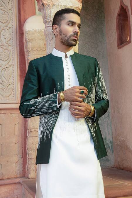 Abkasa_Green Dupion-raw Silk Blend Embroidered Pearls Jade Bandhgala Set  _Online_at_Aza_Fashions