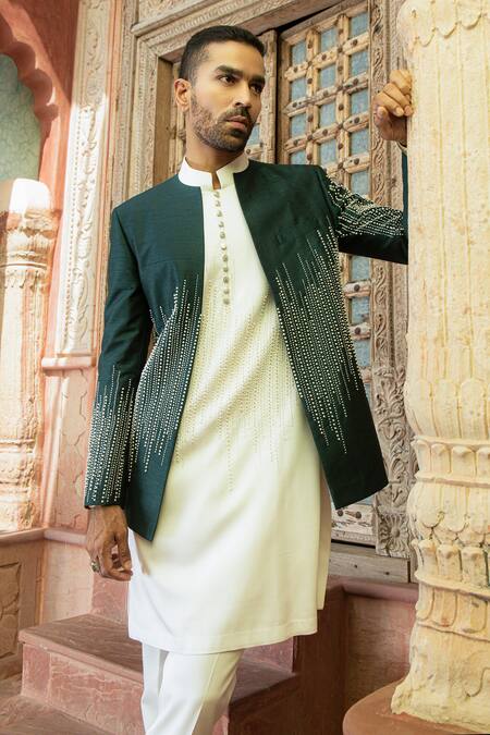 Buy_Abkasa_Green Dupion-raw Silk Blend Embroidered Pearls Jade Bandhgala Set  _Online_at_Aza_Fashions