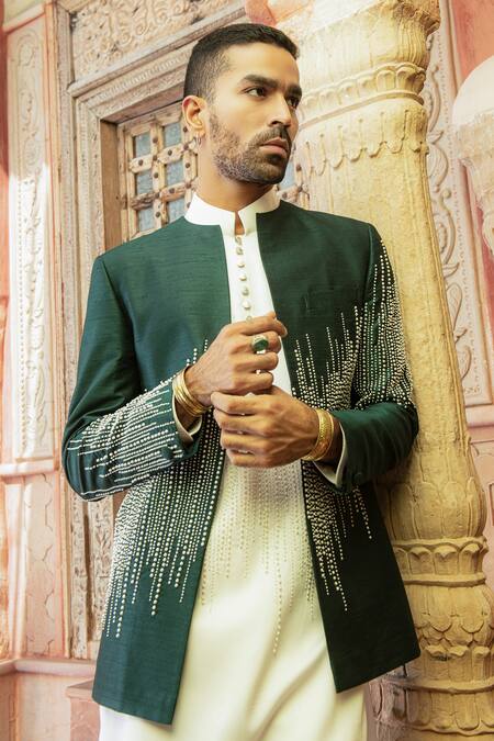 Shop_Abkasa_Green Dupion-raw Silk Blend Embroidered Pearls Jade Bandhgala Set  _Online_at_Aza_Fashions