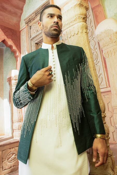 Abkasa_Green Dupion-raw Silk Blend Embroidered Pearls Jade Bandhgala Set  _at_Aza_Fashions