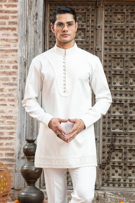 Abkasa_White Modal Satin Placement Elira Straight Fit Kurta With Pant  _Online_at_Aza_Fashions