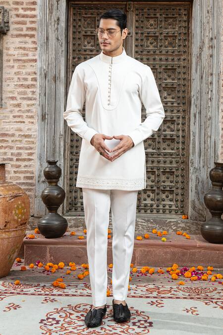 Buy_Abkasa_White Modal Satin Placement Elira Straight Fit Kurta With Pant  _Online_at_Aza_Fashions