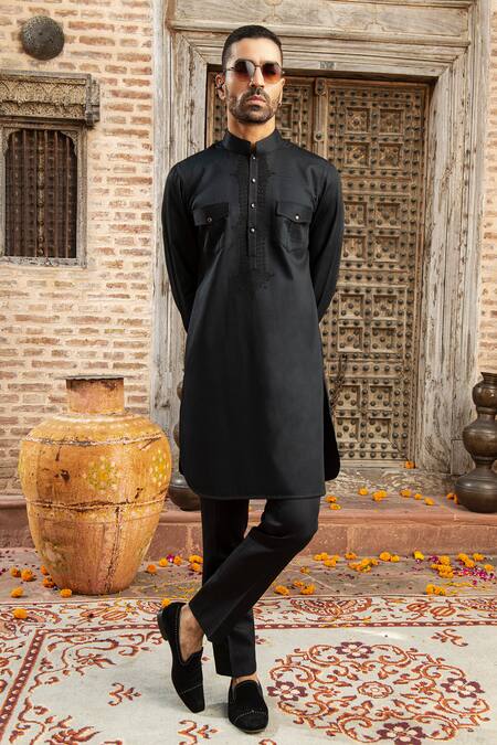 Shop Abkasa Black Modal Satin Placement Embroidery Ciaran Placket Kurta With Pant at Aza Fashions Shop_Abkasa_Black Modal Satin Placement Embroidery Ciaran Placket Kurta With Pant _at_Aza_Fashions