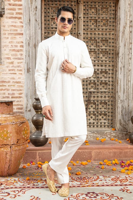 Abkasa White Modal Satin Embroidery Floral Abyan Kurta With Pant