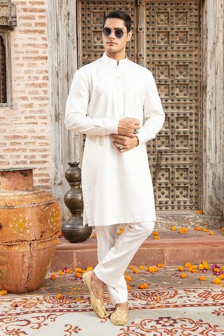 Shop_Abkasa_White Modal Satin Embroidery Floral Abyan Kurta With Pant  _Online_at_Aza_Fashions