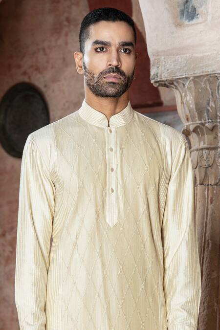 Abkasa_Beige Katan Silk Placement Sandstone Pintuck Pattern Kurta With Pant  _Online_at_Aza_Fashions