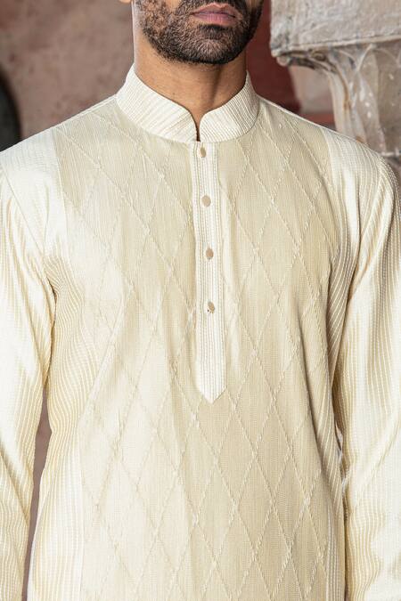 Buy_Abkasa_Beige Katan Silk Placement Sandstone Pintuck Pattern Kurta With Pant  _Online_at_Aza_Fashions