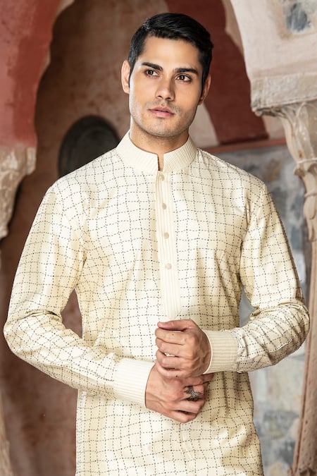 Buy_Abkasa_Beige Katan Silk Embroidery Stitch Line Pebblyn Kurta With Pant  _Online_at_Aza_Fashions