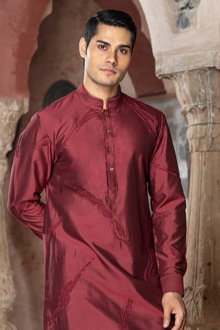 Buy_Abkasa_Maroon Katan Silk Placement Embroidery French Bordeaux Kurta With Pant  _Online_at_Aza_Fashions