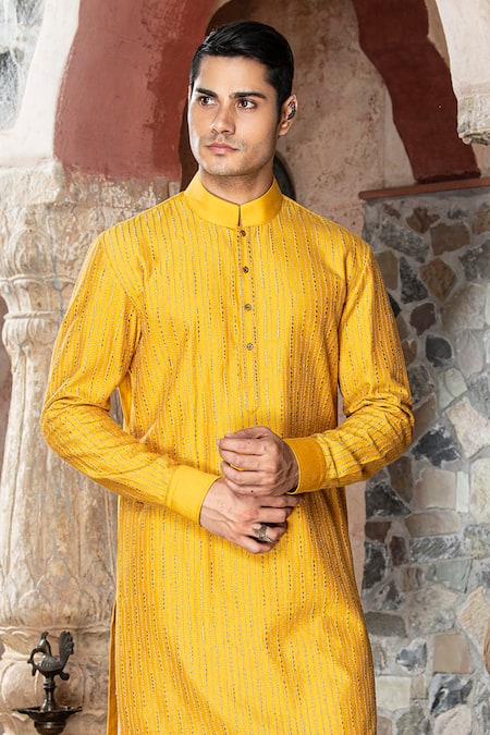 Buy_Abkasa_Yellow Katan Silk Embroidery Thread Aurelius Kurta With Pant  _Online_at_Aza_Fashions