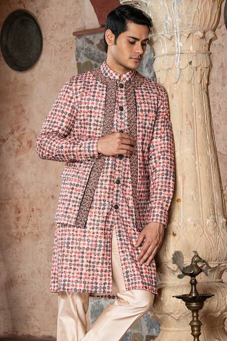 Shop_Abkasa_Pink Cotton, Polyester Embroidery Textured Bundi Kurta Set _at_Aza_Fashions