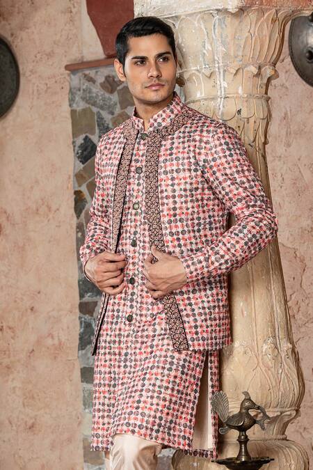 Abkasa_Pink Cotton, Polyester Embroidery Textured Bundi Kurta Set _Online_at_Aza_Fashions