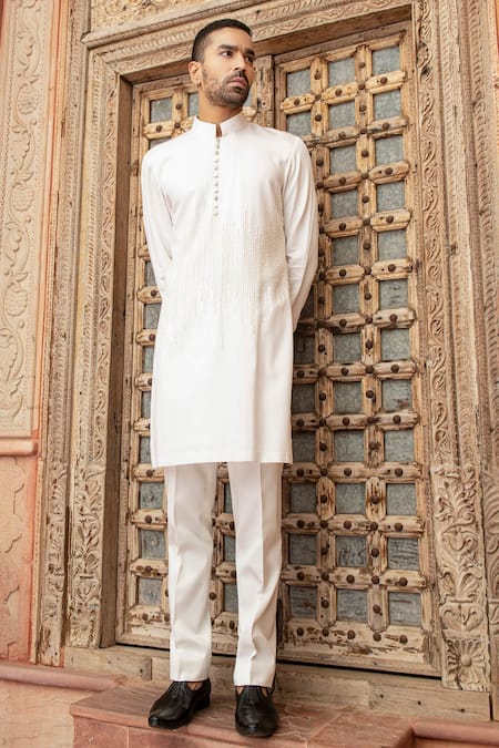 Shop Abkasa White Modal Satin Embroidery Pearls Ivorienne Kurta With Pant at Aza Fashions Shop_Abkasa_White Modal Satin Embroidery Pearls Ivorienne Kurta With Pant _at_Aza_Fashions