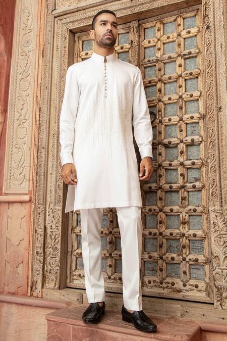 Abkasa White Modal Satin Embroidery Pearls Ivorienne Kurta With Pant Online at Aza Fashions Abkasa_White Modal Satin Embroidery Pearls Ivorienne Kurta With Pant _Online_at_Aza_Fashions