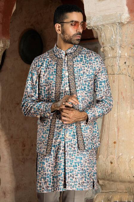 Abkasa Blue Cotton, Polyester Embroidery Abstract Bundi Kurta Set Online at Aza Fashions Abkasa_Blue Cotton, Polyester Embroidery Abstract Bundi Kurta Set _Online_at_Aza_Fashions