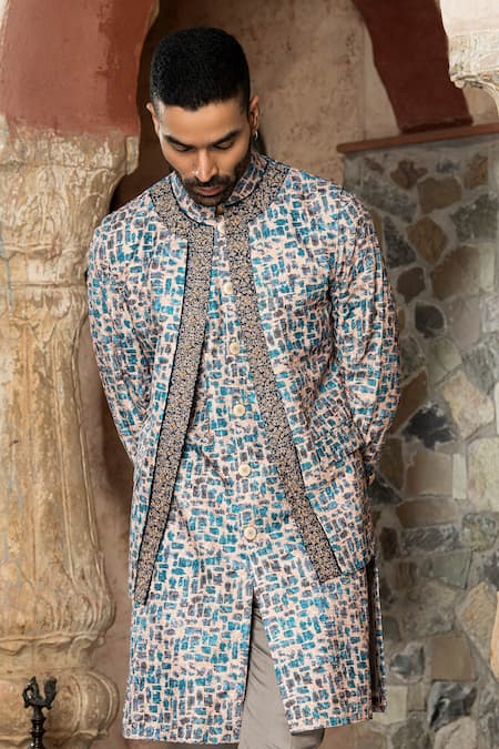 Buy Abkasa Blue Cotton, Polyester Embroidery Abstract Bundi Kurta Set Online at Aza Fashions Buy_Abkasa_Blue Cotton, Polyester Embroidery Abstract Bundi Kurta Set _Online_at_Aza_Fashions