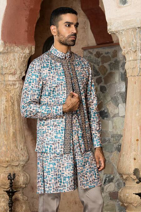 Shop Abkasa Blue Cotton, Polyester Embroidery Abstract Bundi Kurta Set Online at Aza Fashions Shop_Abkasa_Blue Cotton, Polyester Embroidery Abstract Bundi Kurta Set _Online_at_Aza_Fashions