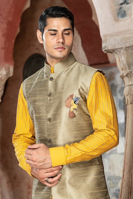 Shop_Abkasa_Gold Silk Embroidery Sparrow Bundi _Online_at_Aza_Fashions