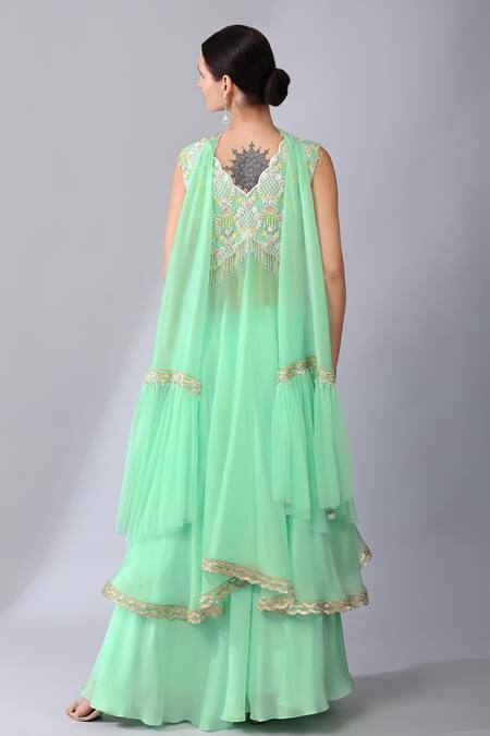 KEITH GOMES_Green Silk Organza, Linen Brazen Fleur Embroidered Yoke Kurta Palazzo Set _Online_at_Aza_Fashions