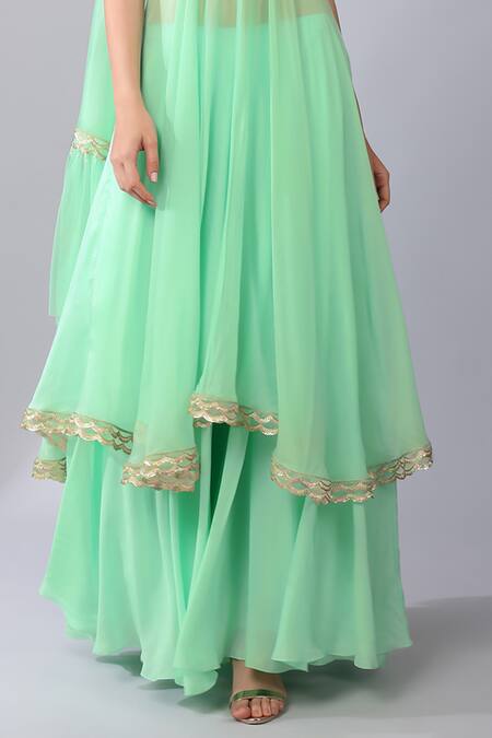 Shop_KEITH GOMES_Green Silk Organza, Linen Brazen Fleur Embroidered Yoke Kurta Palazzo Set _Online_at_Aza_Fashions