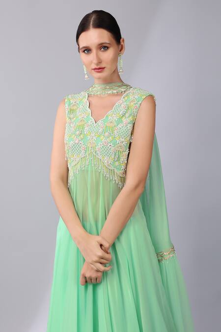 KEITH GOMES_Green Silk Organza, Linen Brazen Fleur Embroidered Yoke Kurta Palazzo Set _at_Aza_Fashions
