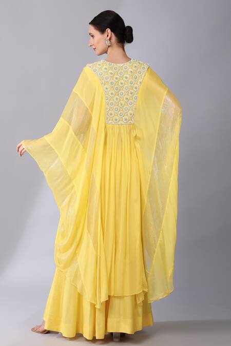 YELLOW ENCHANTED PRINT CREPE DRESS WITH BANDHANI EMBROIDERED YOKE – Studio  East6