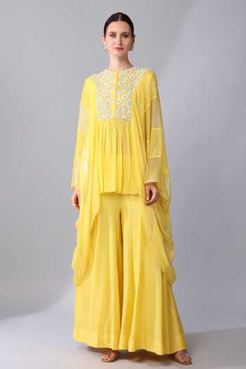 Buy_KEITH GOMES_Yellow Chiffon, Crepe Sequins, Beads Daisy Embroidered Yoke Tunic With Palazzo _Online_at_Aza_Fashions