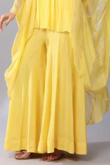 Shop_KEITH GOMES_Yellow Chiffon, Crepe Sequins, Beads Daisy Embroidered Yoke Tunic With Palazzo _Online_at_Aza_Fashions