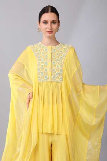 KEITH GOMES_Yellow Chiffon, Crepe Sequins, Beads Daisy Embroidered Yoke Tunic With Palazzo _at_Aza_Fashions