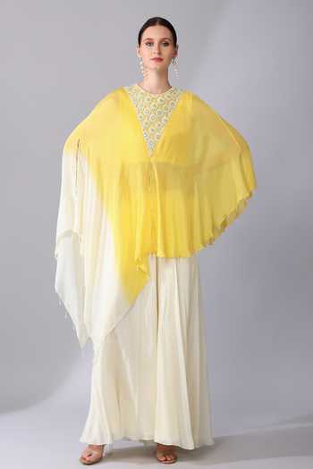 KEITH GOMES Sequin Dahlia Embroidered Yoke Ombre Asymmetric Tunic With Palazzo 