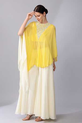 Buy_KEITH GOMES_Yellow Chiffon, Dahlia Embroidered Yoke Ombre Asymmetric Tunic With Palazzo _Online_at_Aza_Fashions