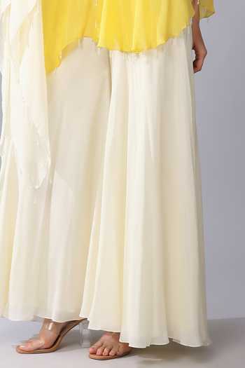 Shop_KEITH GOMES_Yellow Chiffon, Dahlia Embroidered Yoke Ombre Asymmetric Tunic With Palazzo _Online_at_Aza_Fashions