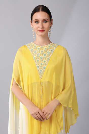 KEITH GOMES_Yellow Chiffon, Dahlia Embroidered Yoke Ombre Asymmetric Tunic With Palazzo _at_Aza_Fashions