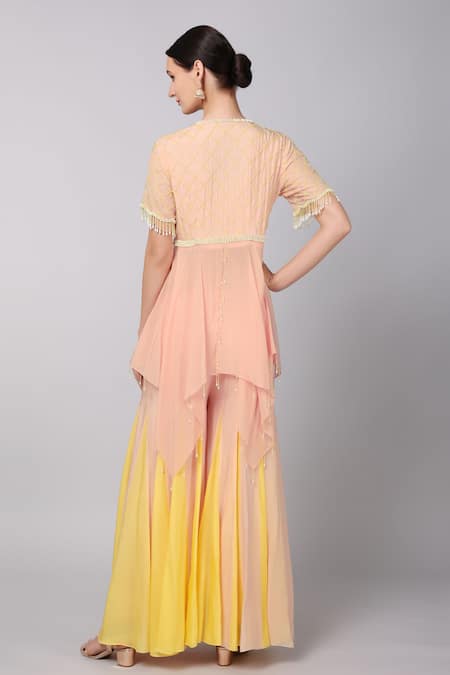 Keith Gomes_Yellow Silk Organza, Petunia Embroidered Yoke Asymmetric Tunic With Palazzo _Online_at_Aza_Fashions