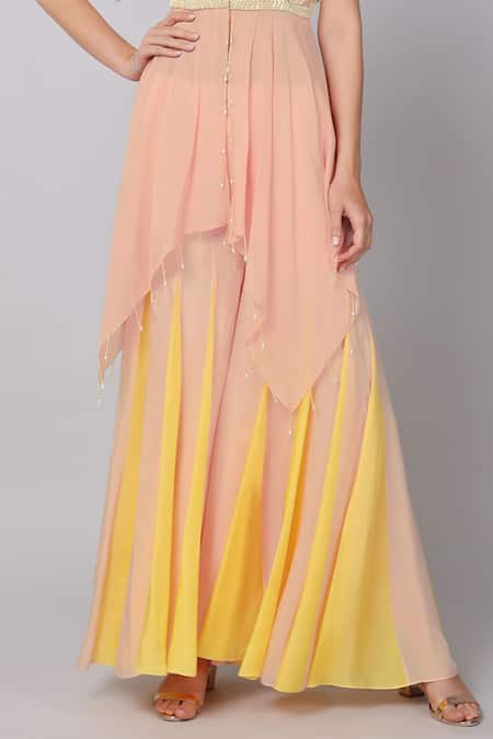 Buy_Keith Gomes_Yellow Silk Organza, Petunia Embroidered Yoke Asymmetric Tunic With Palazzo _Online_at_Aza_Fashions