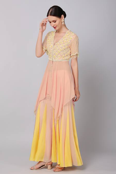 Shop_Keith Gomes_Yellow Silk Organza, Petunia Embroidered Yoke Asymmetric Tunic With Palazzo _Online_at_Aza_Fashions