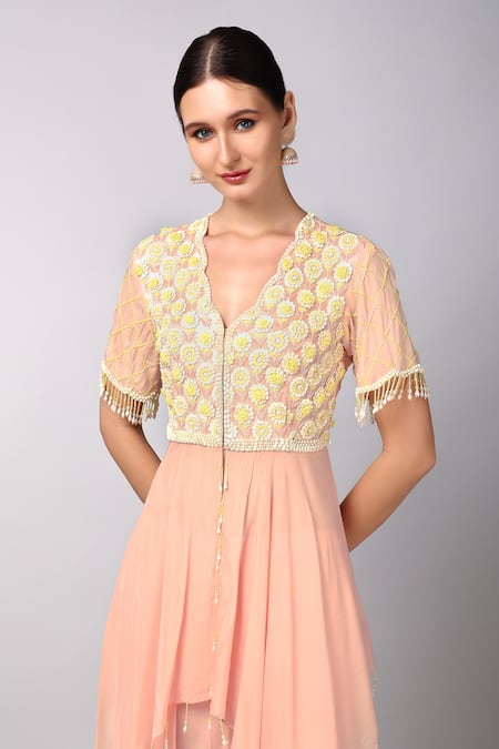 Keith Gomes_Yellow Silk Organza, Petunia Embroidered Yoke Asymmetric Tunic With Palazzo _at_Aza_Fashions